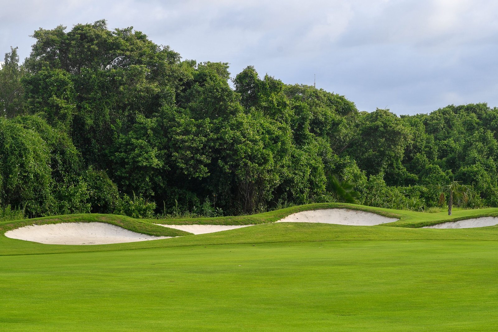 Calle de un campo de golf con búnkeres de arena blanca