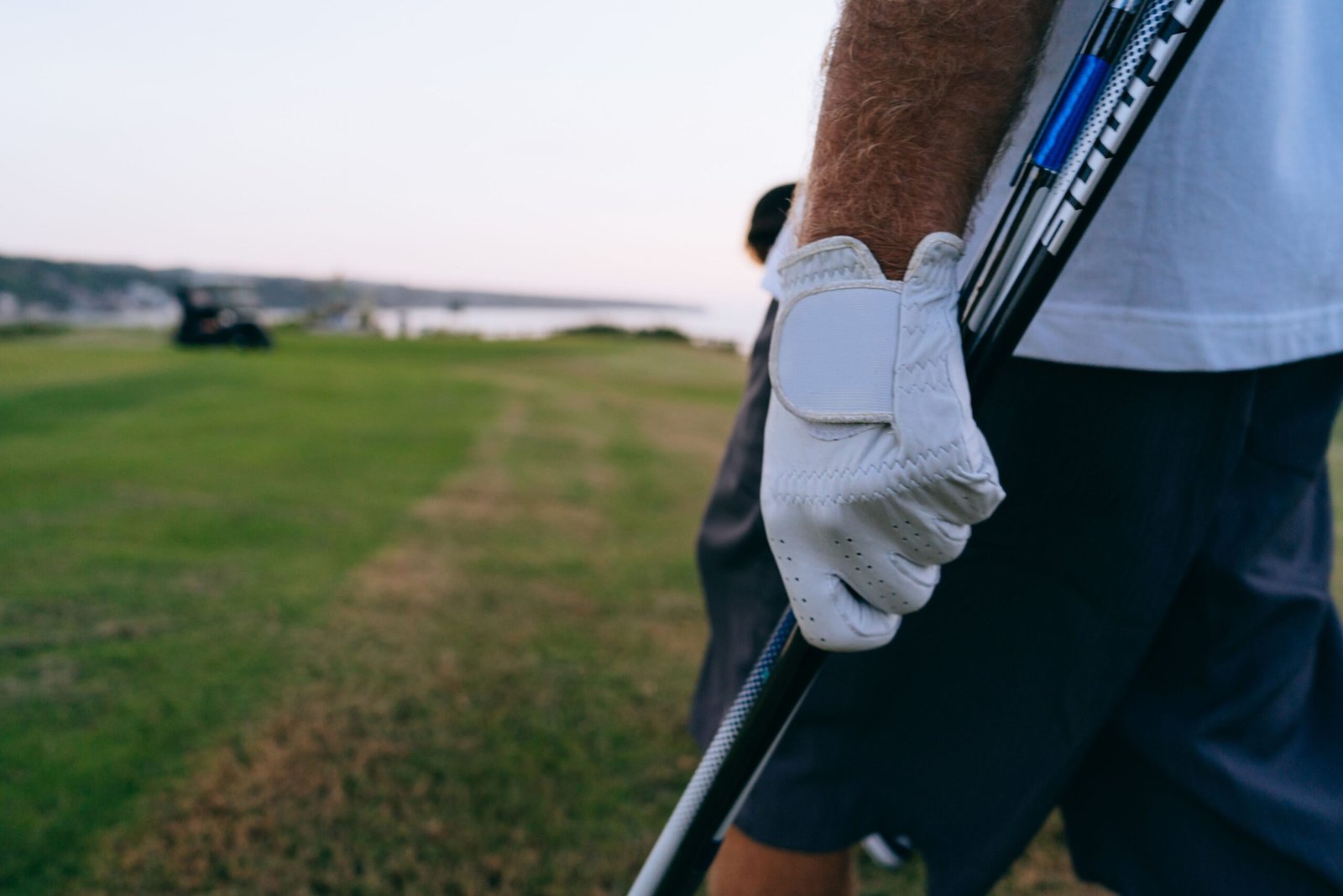 Palos de golf sobre el césped junto a una bola