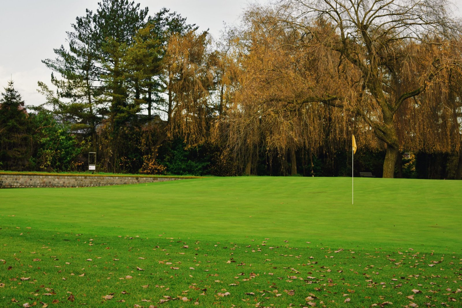 Green cuidado con bandera amarilla y muro de piedra de un club de golf